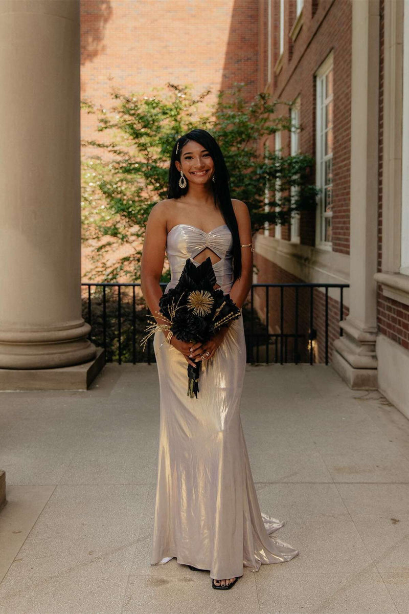 Keyholes Silver Meallic Fitted Long Prom Dress