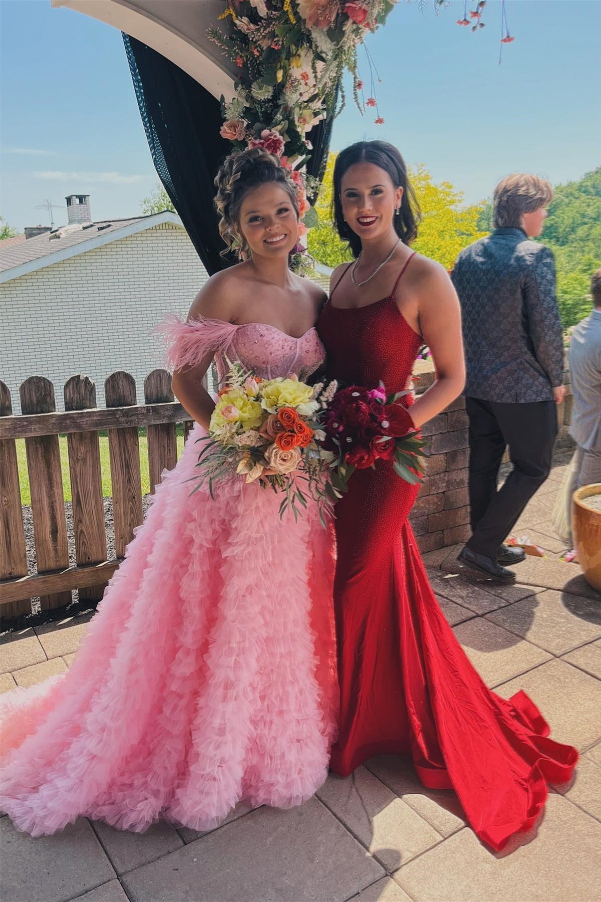 Pink Off-the-Shoulder Feathers Ruffle-Layers Beaded Long Prom Dress