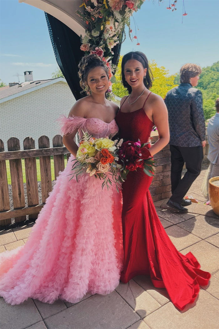 Pink Off-the-Shoulder Feathers Ruffle-Layers Beaded Long Prom Dress