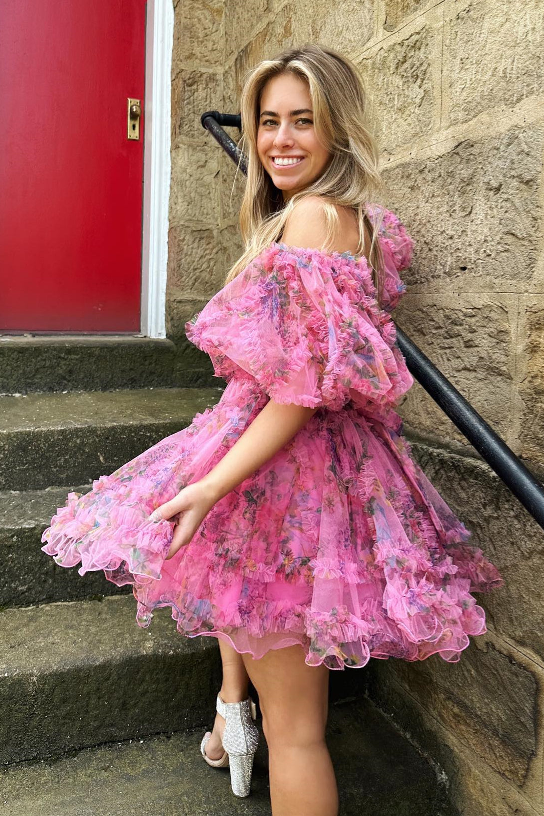 Fuchsia Off-the-Shoulder Ruffles Homecoming Dress