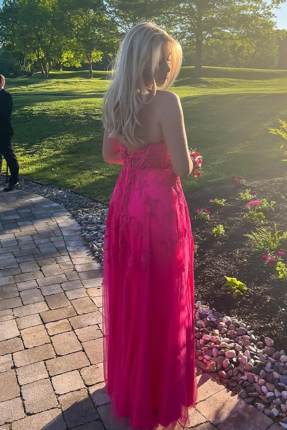 Hot Pink Strapless Floral Appliques A-line Long Prom Dress with Slit