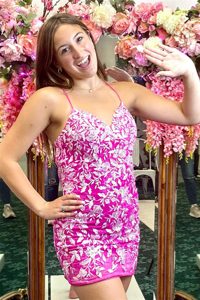 Fuchsia Appliques V Neck Lace-Up Sheath Homecoming Dress