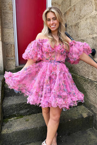 Fuchsia Off-the-Shoulder Ruffles Homecoming Dress