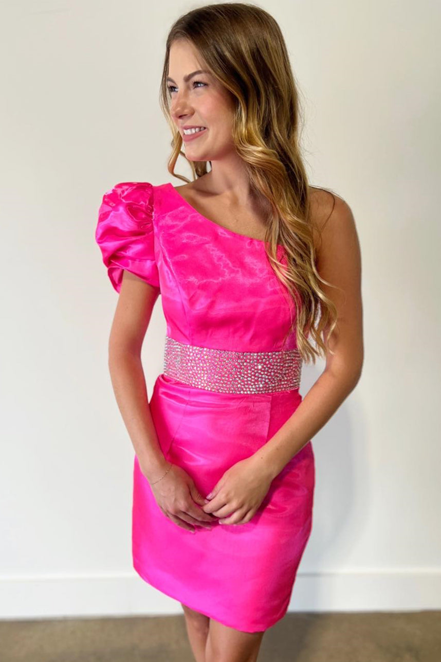 Fuchsia One Shoulder Beaded Sheath Satin Homecoming Dress