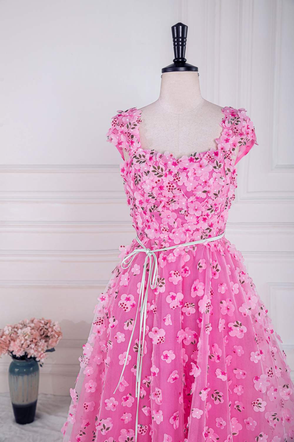 Pink 3D Floral Appliques A-line Long Prom Dress with Sash