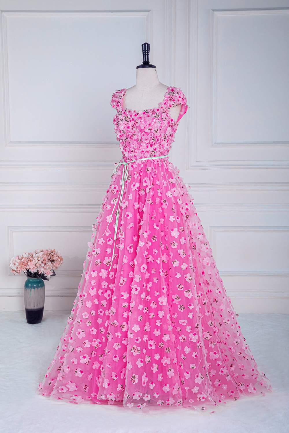 Pink 3D Floral Appliques A-line Long Prom Dress with Sash