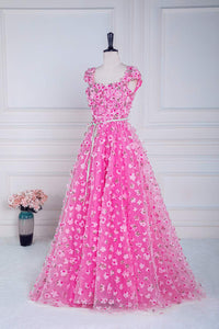 Pink 3D Floral Appliques A-line Long Prom Dress with Sash
