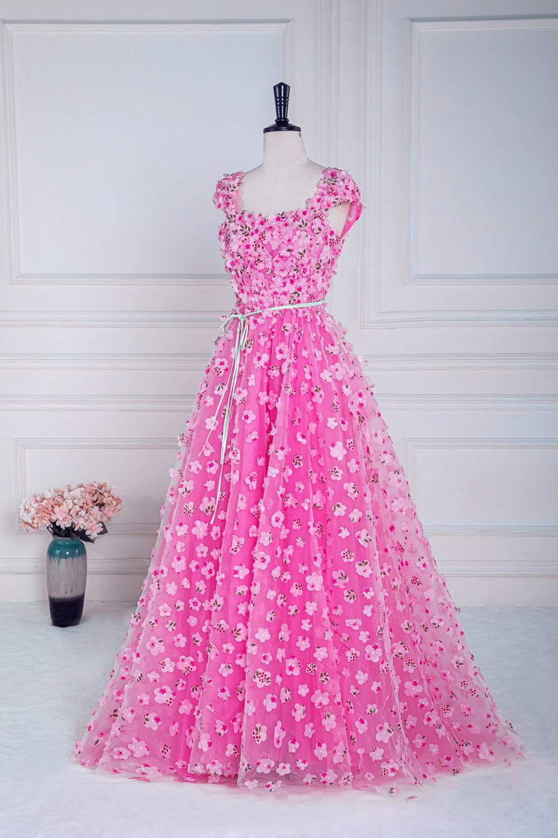 Pink 3D Floral Appliques A-line Long Prom Dress with Sash