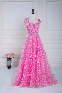 Pink 3D Floral Appliques A-line Long Prom Dress with Sash