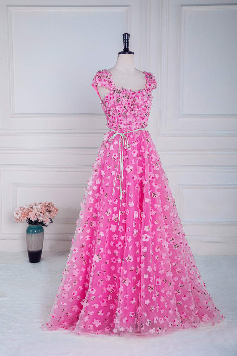 Pink 3D Floral Appliques A-line Long Prom Dress with Sash