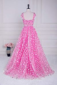 Pink 3D Floral Appliques A-line Long Prom Dress with Sash