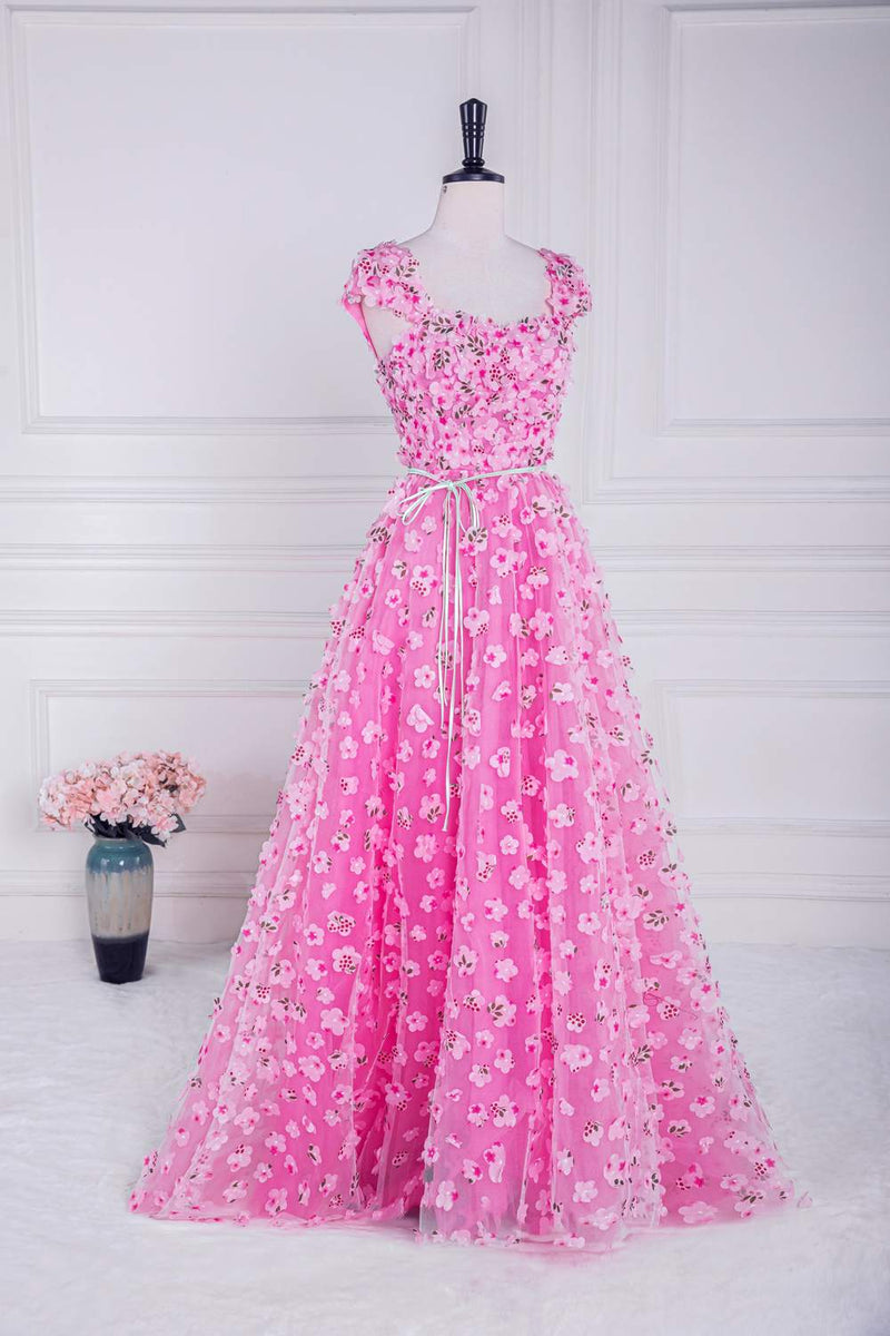 Pink 3D Floral Appliques A-line Long Prom Dress with Sash