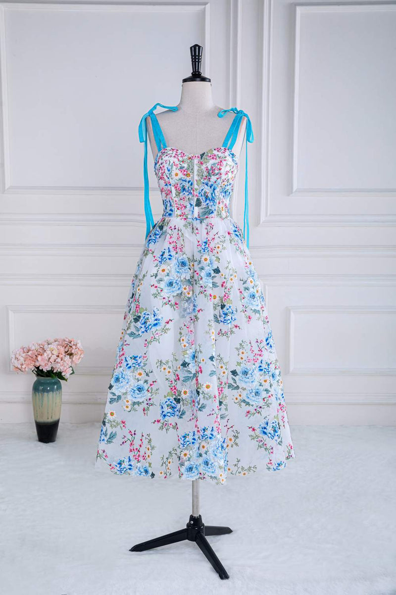 Blue and White Floral Bow Tie Straps A-line Tea-Length Prom Dress