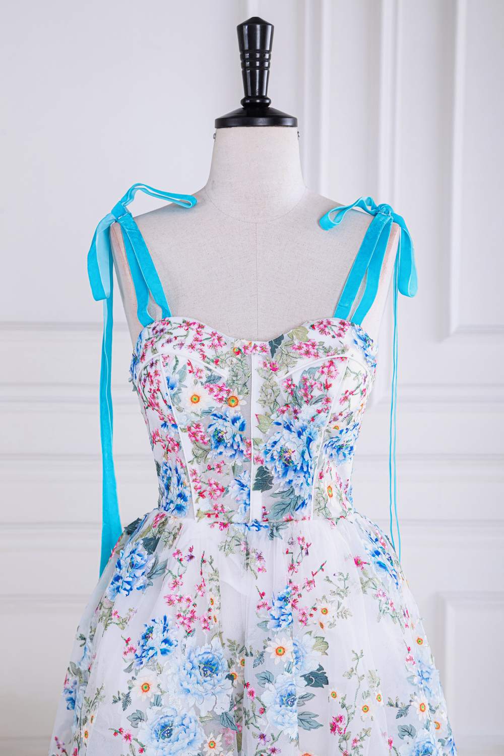 Blue and White Floral Bow Tie Straps A-line Tea-Length Prom Dress