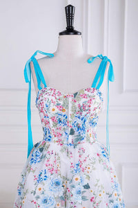Blue and White Floral Bow Tie Straps A-line Tea-Length Prom Dress