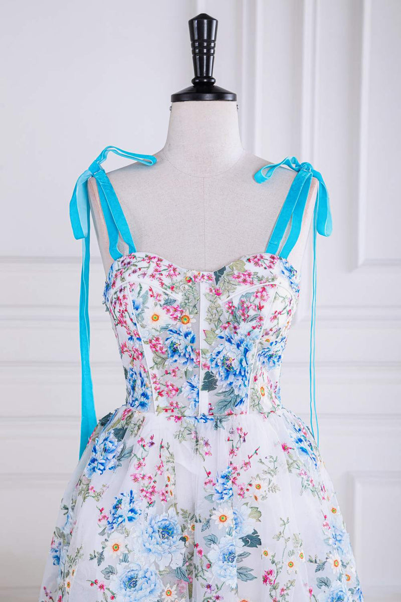 Blue and White Floral Bow Tie Straps A-line Tea-Length Prom Dress