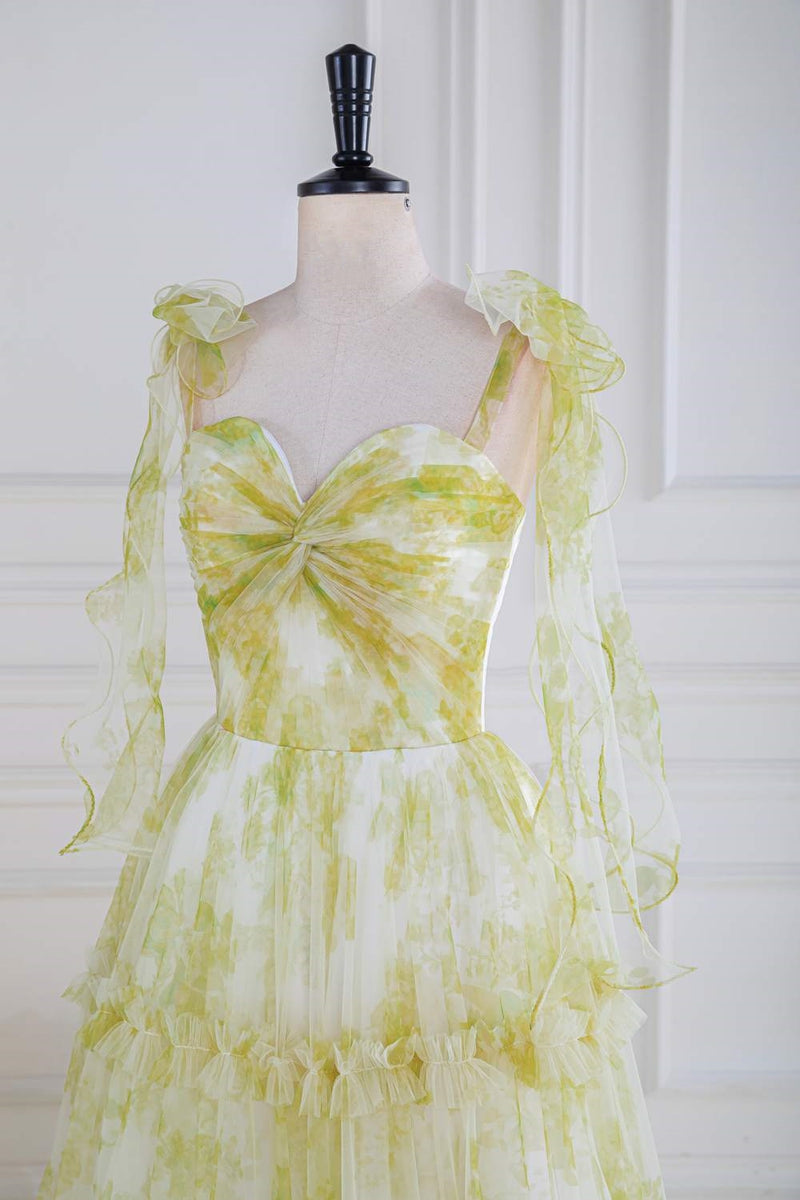 Light Yellow Floral Bow Tie Straps Ruffled A-line Long Prom Dress