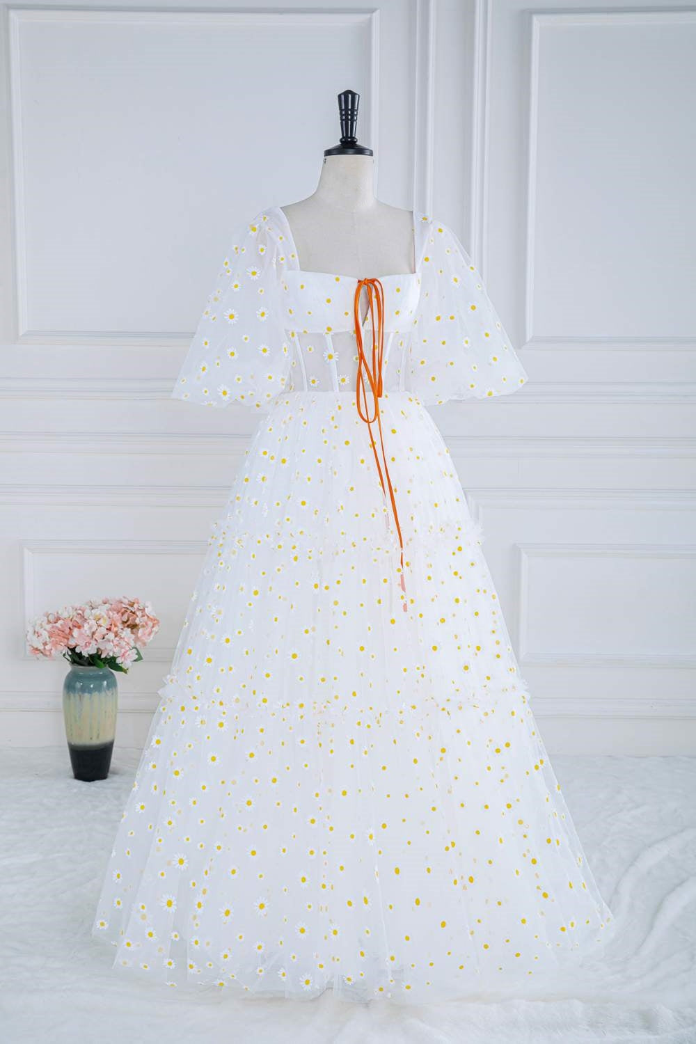 White Daisy Embroidery Puff Sleeves A-line Long Prom Dress