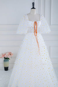 White Daisy Embroidery Puff Sleeves A-line Long Prom Dress