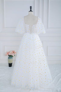 White Daisy Embroidery Puff Sleeves A-line Long Prom Dress