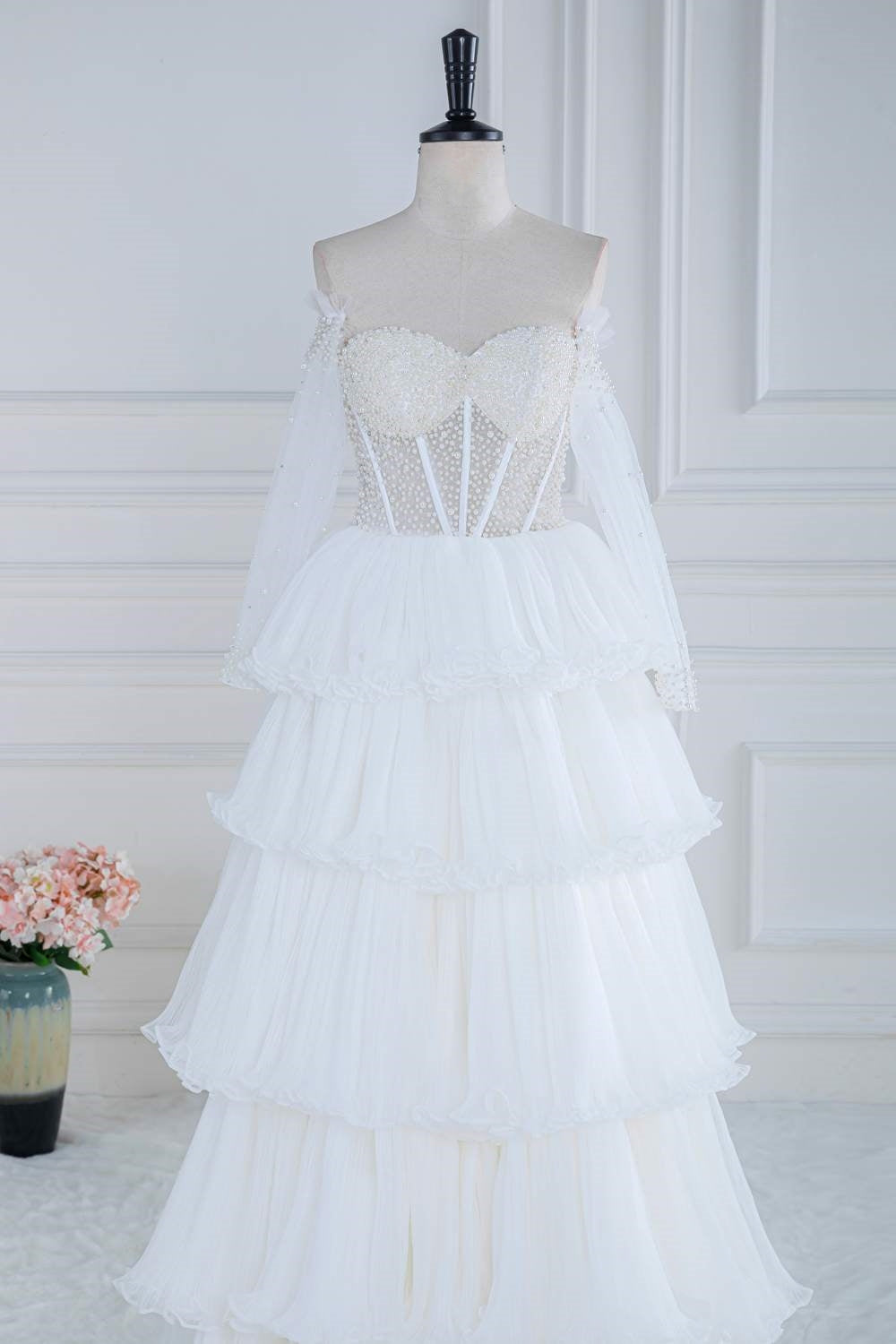 White Off-Shoulder Beaded Ruffled Layers Long Prom Dress