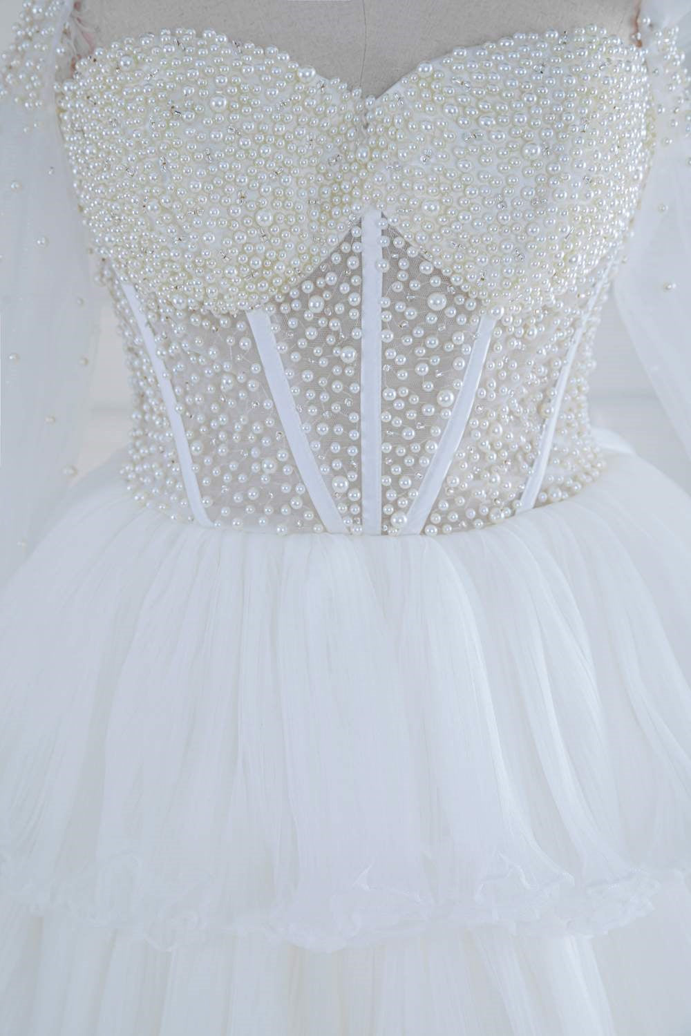 White Off-Shoulder Beaded Ruffled Layers Long Prom Dress