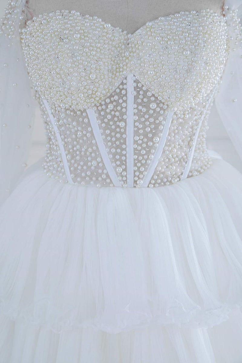 White Off-Shoulder Beaded Ruffled Layers Long Prom Dress