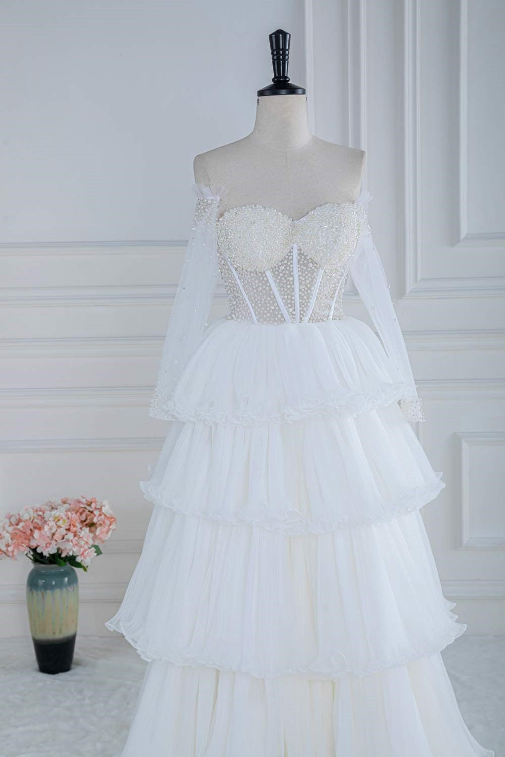 White Off-Shoulder Beaded Ruffled Layers Long Prom Dress