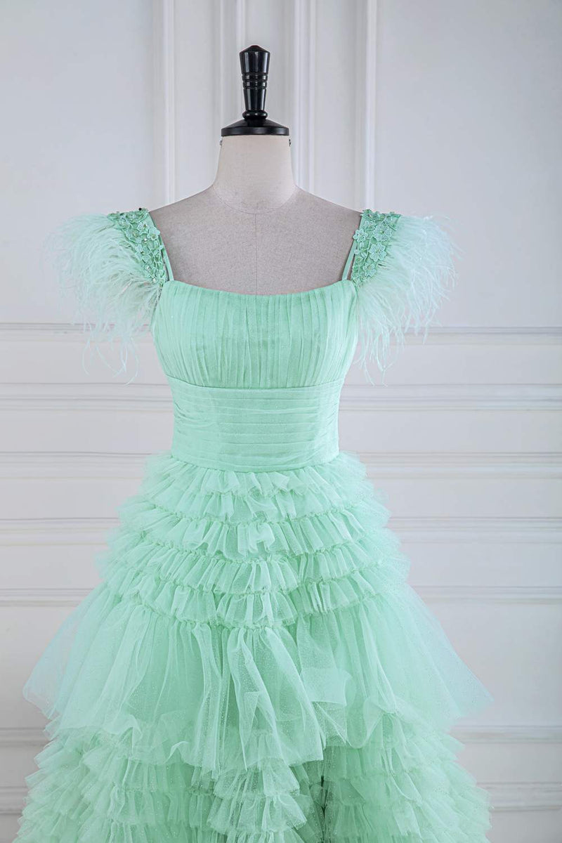 Mint Green Floral A-line Layers Long Prom Dress with Feather
