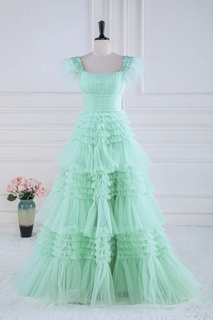 Mint Green Floral A-line Layers Long Prom Dress with Feather