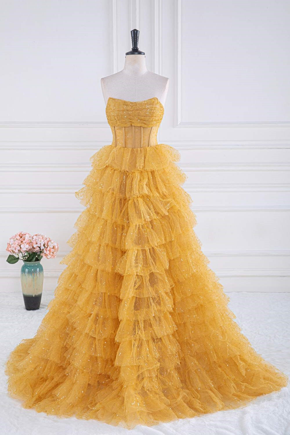Sparkly Yellow Strapless Layers A-line Long Prom Dress