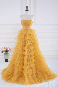 Sparkly Yellow Strapless Layers A-line Long Prom Dress