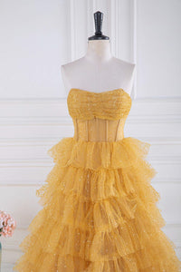 Sparkly Yellow Strapless Layers A-line Long Prom Dress
