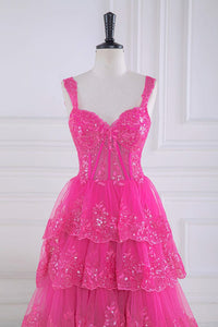Hot Pink Sequined Floral Layers Long Prom Dress