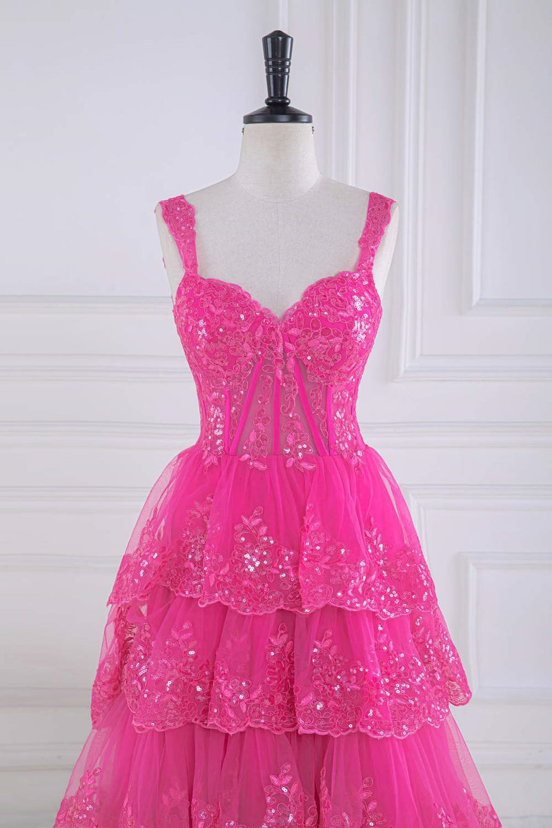 Hot Pink Sequined Floral Layers Long Prom Dress