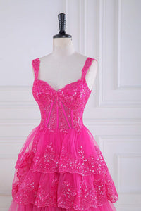 Hot Pink Sequined Floral Layers Long Prom Dress