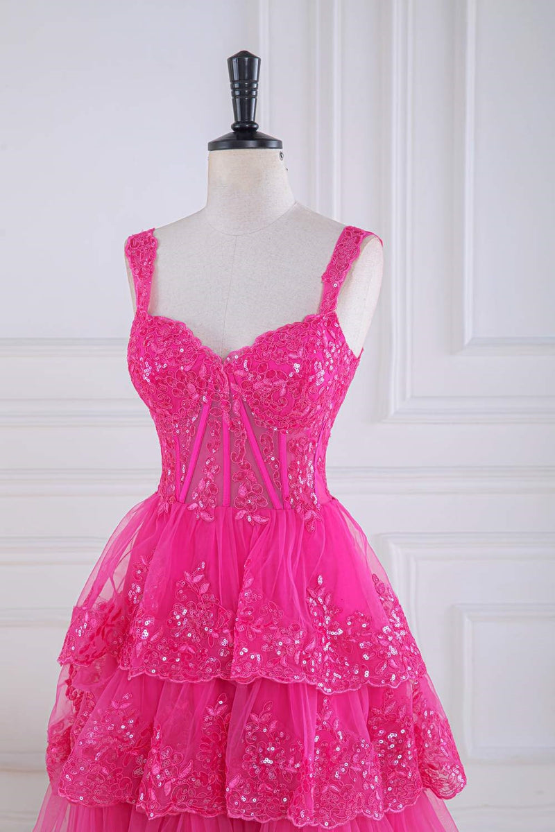 Hot Pink Sequined Floral Layers Long Prom Dress