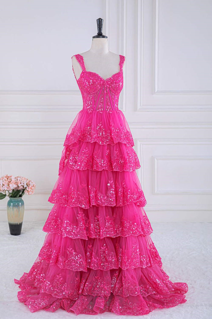 Hot Pink Sequined Floral Layers Long Prom Dress