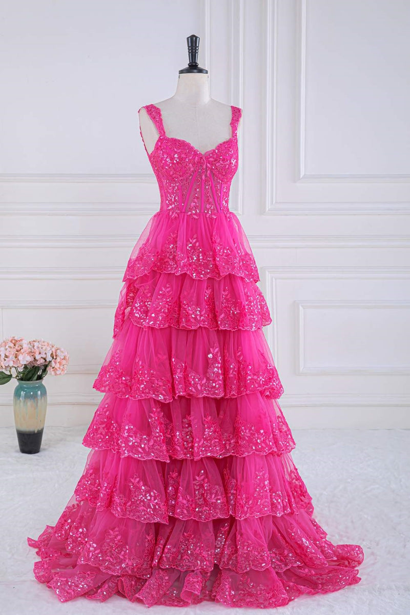 Hot Pink Sequined Floral Layers Long Prom Dress