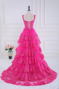Hot Pink Sequined Floral Layers Long Prom Dress