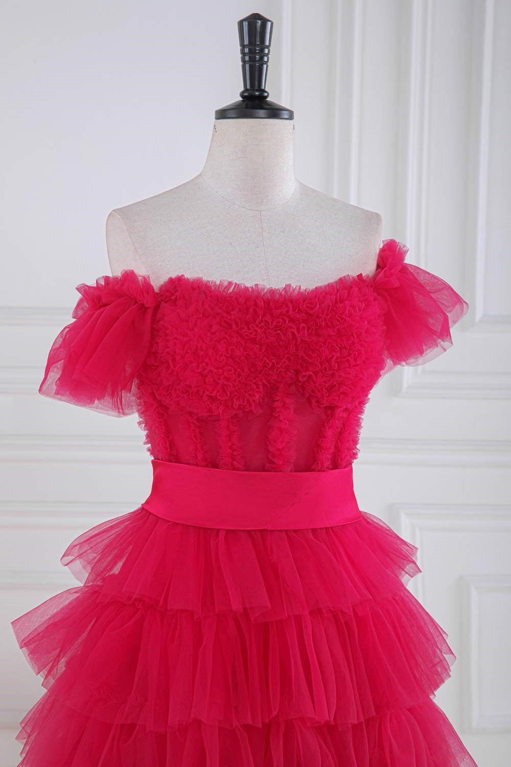 Fuchsia Off-Shoulder Layers Ruffled A-line Long Prom Dress