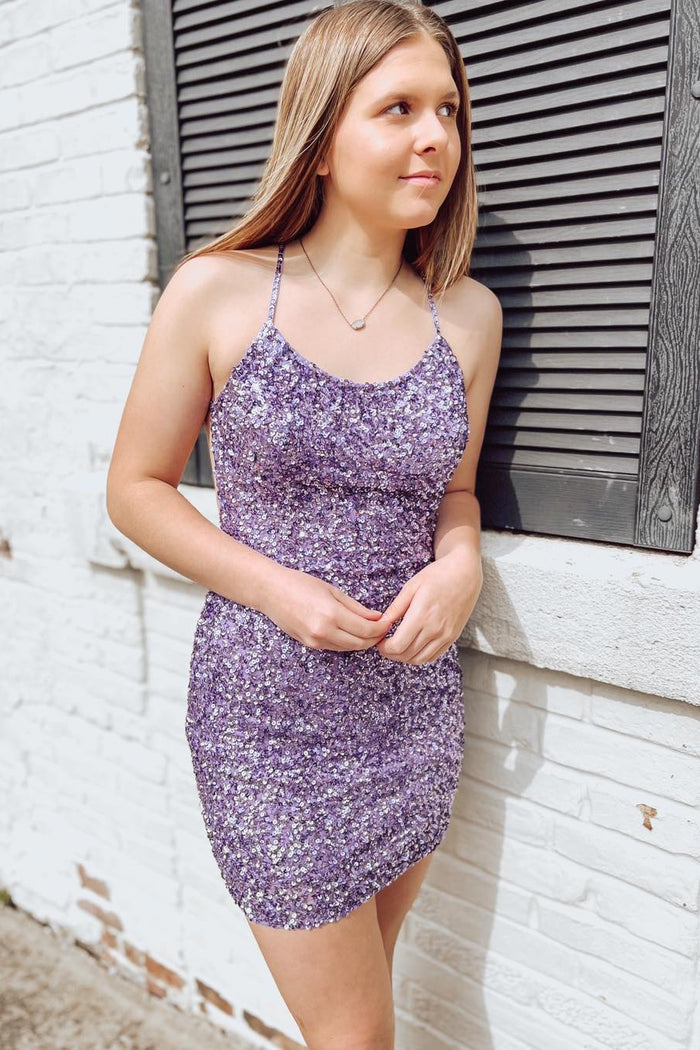 Lavender Crossed Back Sequins Sheath Homecoming Dress 