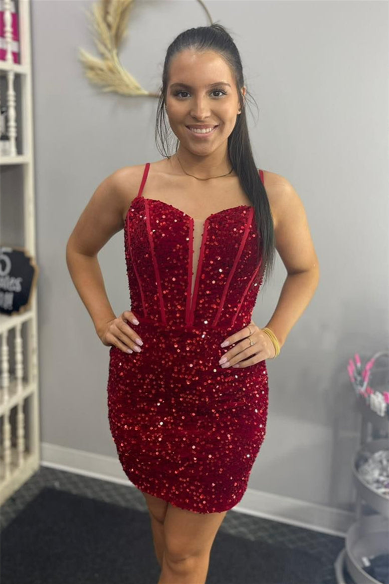 Red Sheath Sequins Straps Deep V Neck Homecoming Dress