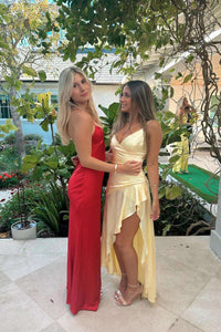 Straps Yellow V Neck Soft Satin Fitted Dress