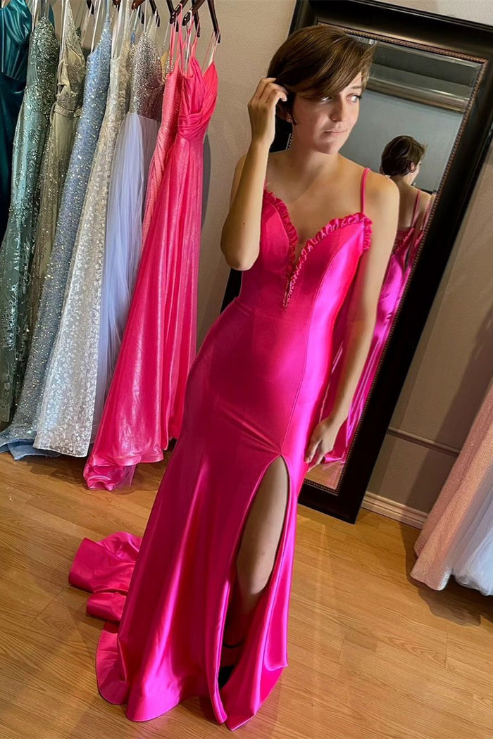 Fuchsia Ruffled Plunging V Mermaid Satin Long Prom Dress with Slit