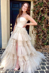 Ivory Strapless A-line Multi-Layers Tulle Long Prom Dress with Slit