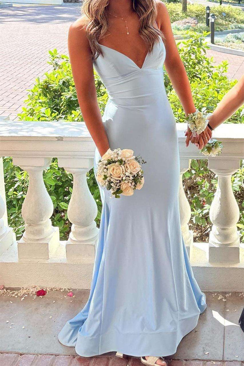 Straps V Neck Light Blue Mermaid Formal Dress