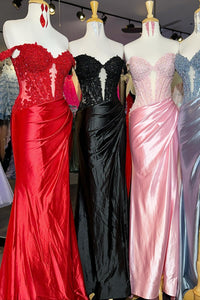 Off the Shoulder Pink Appliques Satin Memaid Dress