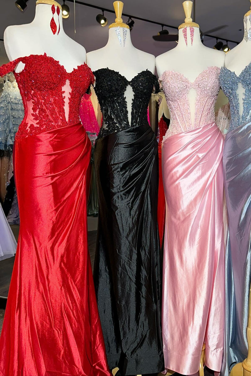 Off the Shoulder Pink Appliques Satin Memaid Dress