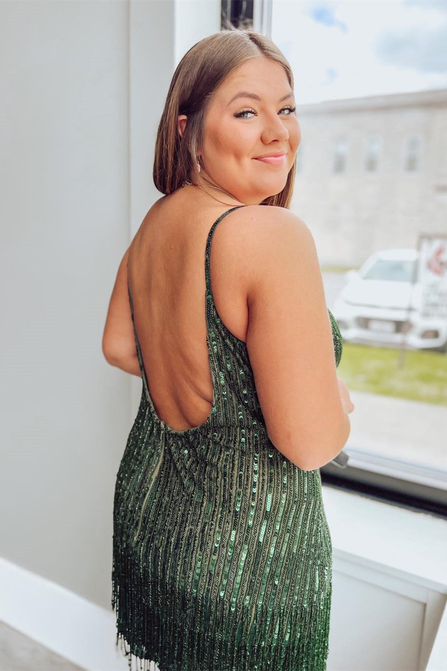 Dark Green Sequins Sheath Straps Homecoming Dress with Tassels